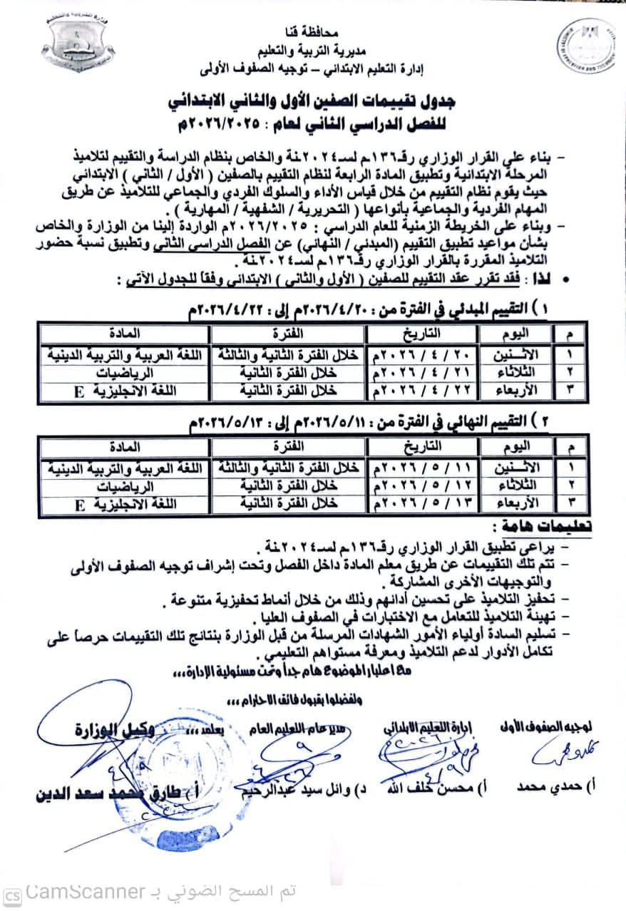 جدول تقييمات الصفين الأول والثاني الابتدائي بمحافظة قنا 2026